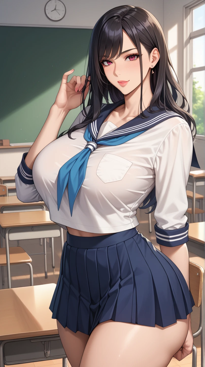 Blue eyes , clasroom , 20-years old , school girl , big ass , big boobs , sexy waist , dark long hair , bare sexy back , on The desk , sexy smile , a delightful! , (( high waisted Black skirt )) , NSFW , HD , 4k quality ,