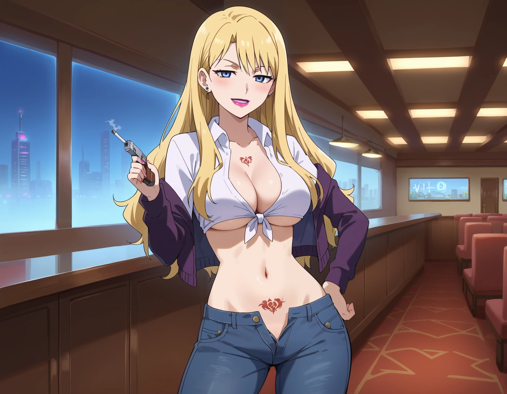 score_9,score_8_up,score_7_up,score_6_up,score_5_up,score_4_up,anime coloring,source_anime,brita,1girl,solo,blue eyes,blonde hair,long hair,lipstick, ear piercing, long hair, blush, lipstick,Hot girl, baddie, smoking, sensual, attractive, bar
background, inside bar,indoors, cityscape, casino, nightclub, city lights, masterpiece,high
quality,4k,belly,,holding pistol,cleavage, unbuttoned shirt, shirt, knot, indoor,smile, open mouth,
(nsfw) not safe for work, evil expression, exposed belly, exposed navel, exposed midriff, exposed
lower belly, crop top overhang, underboob,jacket, unbuttoned jeans , low rise black jeans, Low rise
jeans, Low rise jeans with open fly, tattoo on body, dragon tattoo, tattoo midriff, rose tattoo,, open arms sideway, arms T-pose, smirk, standing, anime girl T posing