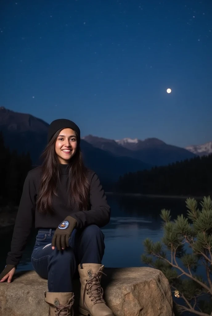 1girl, masterpiece, best quality, ultra-detailed, solo, outdoors, (night), mountains, nature, (stars, moon) cheerful, happy, mountain boots, gloves, winter wear, hat, flashlight, forest, rocks, river, wood, smoke, shadows, contrast, clear sky, analog style, (look at viewer:1.2), (skin texture), close up, cinematic light, sidelighting, ultra high res, best shadow, RAW, upper body, wearing pullover top