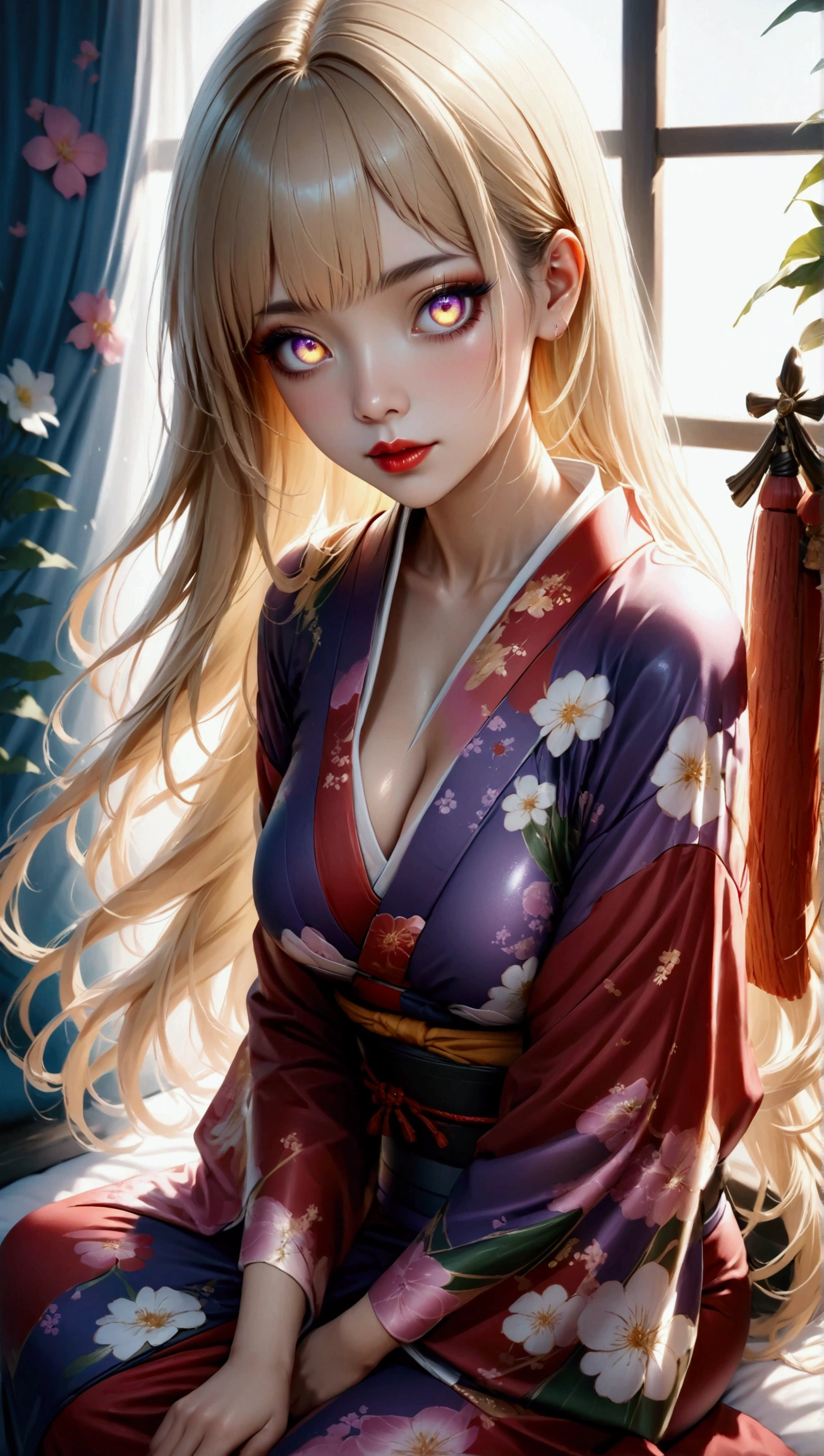 cuerpo completo,Plan completo,SFW,The Russian goddess princess in the picture of a geisha with big bright blue eyes and long fluffy Nordic type eyelashes with a perfect elegant figure and very long fluffy wavy hair of bright wheat color is in full growth in the alley against the background of Japanese pink sakura blooming in bright navy blue kimono color and Japanese shoes gain a bright navy blue color, The girl's lace kimono is intricately patterned with ultra-short frank cutouts..., Small breasts with protrusion are visible through the fabric and on the girl's ears there are beautiful earrings with precious navy blue sapphires that shine and shine in the light... The soil on which the girl is located is strewn with cherry blossoms..., The scene is highly artistic, High resolution, foco nítido, Migjorni-V5 artistic style, hiperfotorrealismo, proporciones perfectas, Photo of the golden ratio, Bengala, contorno, luz del sol, brillo suave, enfoque suave, Photo-style smooth focus through a Monocle lens.