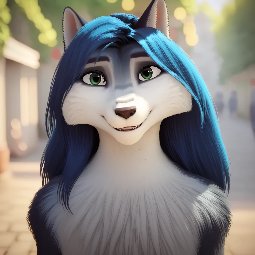 Full body shot, white fur, green eyes, chromatic aberration, blurry, two-tone fur, outdoors, blurry background, body fur, wolf ears, day, letterboxed, furry, black eyes, looking at viewer, smile, face focused, looking at viewer, sexy, no humans, perfect body, full body 