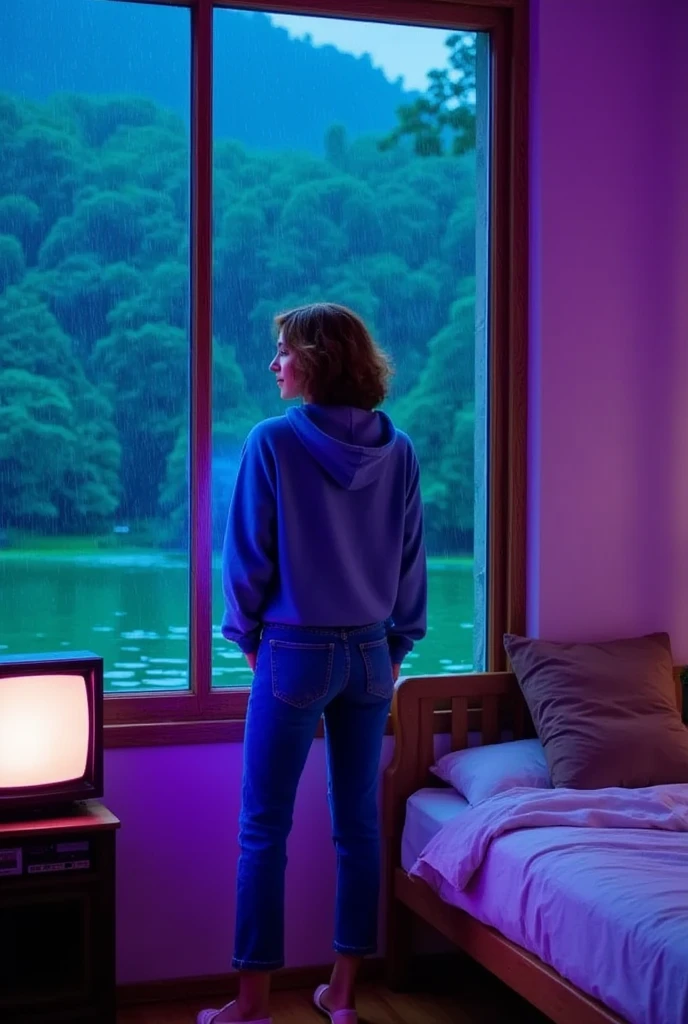 "A cozy and cinematic bedroom with a dark, rainy atmosphere, featuring A woman medium boobs with short wavy auburn hair, wearing a lush blue hoodie and fit jeans, The room is illuminated by moody neon lights in shades of deep purple and soft green, casting a mysterious and calming glow on the walls. A vintage classic TV is playing static or an old movie, adding a nostalgic touch. Through the large glass window, heavy rain is visible, with water droplets streaming down the glass, creating a serene ambiance. The room features minimalistic furniture, with a comfortable bed and a small nightstand. The scene is rich with detail, evoking a sense of solitude and introspection."
