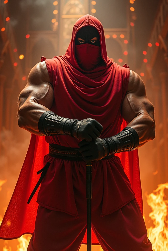 Muscular macho, wrestling mask, bloody devil mask, champion theme. Powerful body, sweating body. Heatwaves
