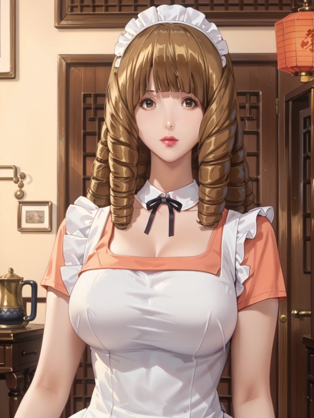 score_9, score_8_up, score_7_up,
cowboy shot, china style,
1girl, maid, azukimama, ringlets, brown hair, brown eyes, medium hair, blunt bangs, pink lips, breasts,large breasts, mature female