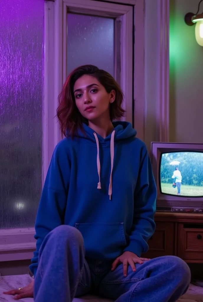 "A cozy and cinematic bedroom with a dark, rainy atmosphere, featuring A woman medium boobs with short wavy auburn hair, wearing a lush blue hoodie and fit jeans, The room is illuminated by moody neon lights in shades of deep purple and soft green, casting a mysterious and calming glow on the walls. A vintage classic TV is playing static or an old movie, adding a nostalgic touch. Through the large glass window, heavy rain is visible, with water droplets streaming down the glass, creating a serene ambiance. The room features minimalistic furniture, with a comfortable bed and a small nightstand. The scene is rich with detail, evoking a sense of solitude and introspection."
Closup