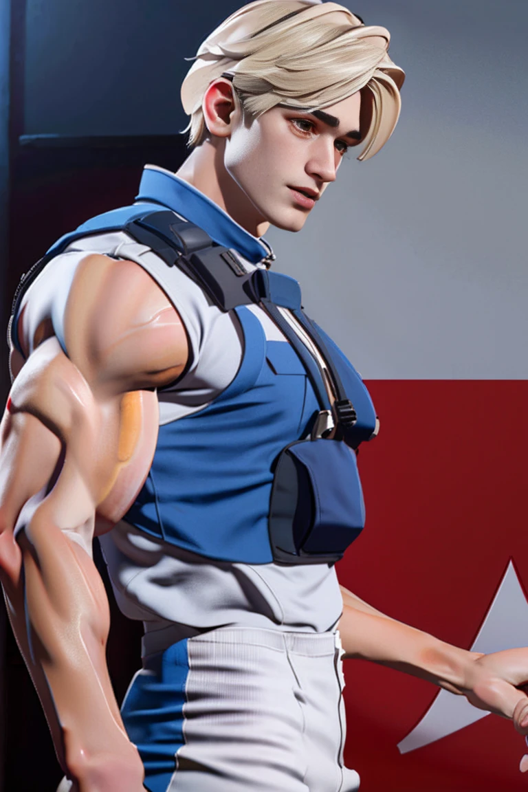 ((best quality)), ((masterpiece)), (detailed), handsome guy in t-shirts, todoroki shoto face, half white half red hair, white new balance sneakers, short pants, stabbed in the stomach with a giant sword by a villain, sad and painful expression, bleeding, eyes looking up, standing up