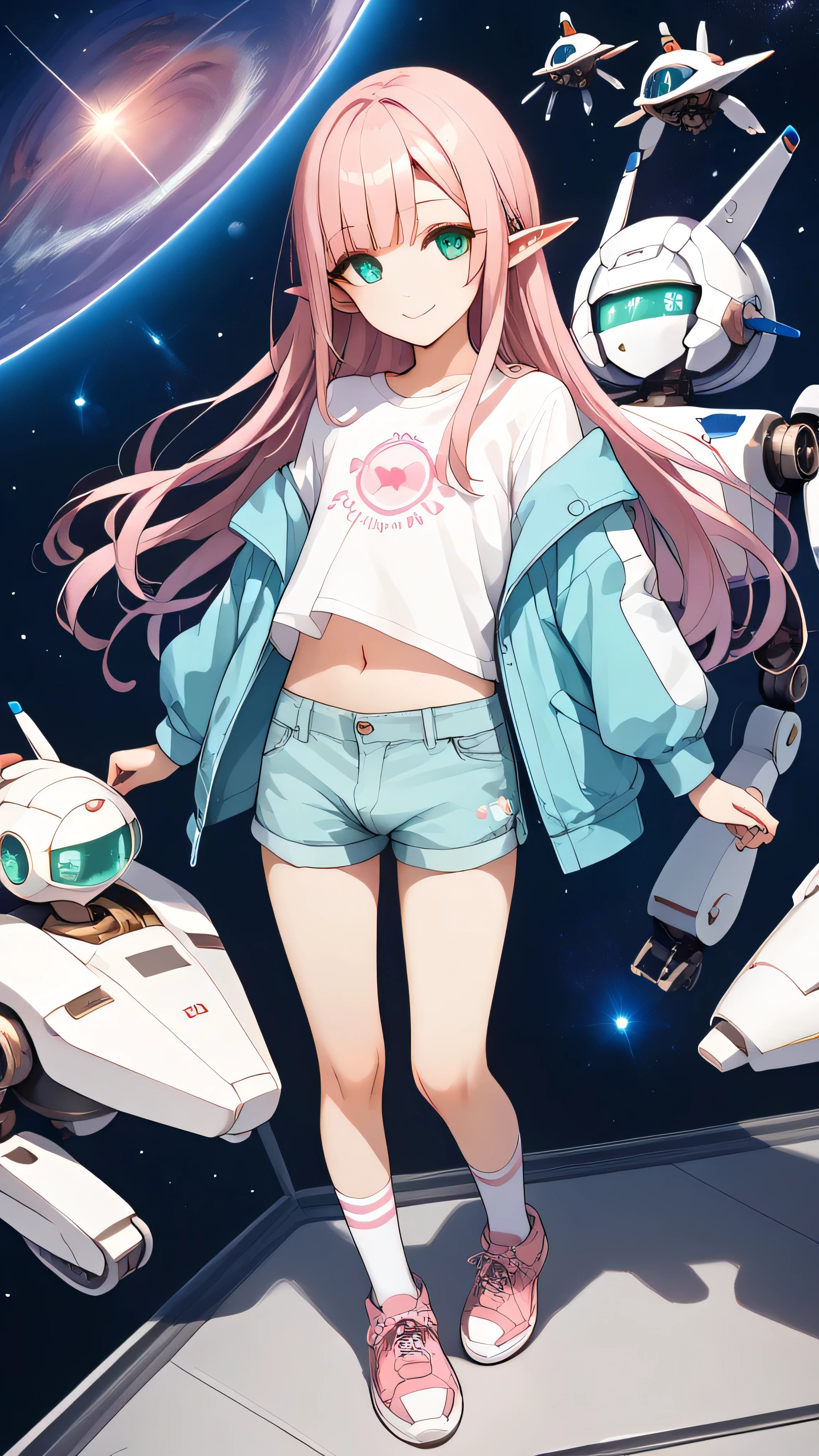 (((best quality))), (((masterpiece))), anime, space station(((a giant robot))), elf, 1 male, otoko no ko, 23years old, light_pink_longhair, turquoise_eyes, crossdressing, girly, casual jacket, t-shirt, short pants, focus navel, bulge, pink kneehighs, sneakers, space style wear, looking at viewer, non censored, light smile, matured, fullbody