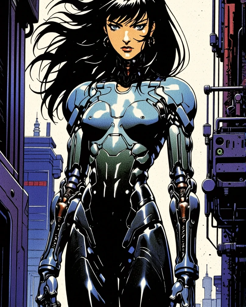 Art style by H. R. Giger, Art Style by Moebius, 


A breathtakingly rendered mecha girl, a masterpiece of futuristic artistry, standing in an elegant pose that emphasizes her 1.2 ratio of upper body to overall form. Her ultra-detailed, ultra-high-resolution design captures the essence of a sexaroid with precision and grace. The mecha-girl's body is illuminated with a soft yet vibrant 1.4 body illumination, casting an ethereal glow on her gleaming metallic exoskeleton. Each intricate component of her mechanical anatomy is meticulously crafted, from the delicate joints to the complex circuitry patterns adorning her torso. Her skin-like finish transitions flawlessly from the gleaming chrome of her shoulders to the matte black of her slender arms, which are adorned with sleek, retractable weaponry. Her eyes, a piercing blue, convey a sense of intelligence and emotion that seems almost human, while her flowing hair, a stark contrast in organic softness, is rendered with such realism that each strand seems to dance in a virtual breeze. The background, a blend of high-tech cityscape and serene natural beauty, serves to accentuate her unique blend of power and vulnerability. The entire scene exudes an air of quiet determination and potential, inviting the viewer to contemplate the depths of this enigmatic character's story.