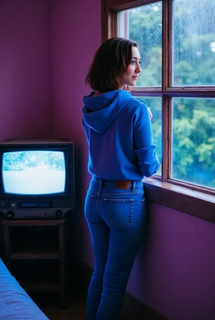 "A cozy and cinematic bedroom with a dark, rainy atmosphere, featuring A woman medium boobs with short wavy auburn hair, wearing a lush blue hoodie and fit jeans, The room is illuminated by moody neon lights in shades of deep purple and soft green, casting a mysterious and calming glow on the walls. A vintage classic TV is playing static or an old movie, adding a nostalgic touch. Through the large glass window, heavy rain is visible, with water droplets streaming down the glass, creating a serene ambiance. The room features minimalistic furniture, with a comfortable bed and a small nightstand. The scene is rich with detail, evoking a sense of solitude and introspection."
Closup