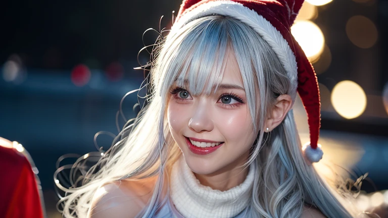 winter night, a girl dressed as Santa, pulling and jumping a Christmas sleigh, bitter smile and confused expressions, reindeer with a smile on the board, the sleigh is loaded with gift boxes too, wavy long length hair, plae blue and white hair, pompadour hairstyle, twisted bangs, beautiful white-colored translucent skin, glamorous figure, very sweaty, glossy face, about to cry, a comical scene, {realistic}, {cinematic}, {photogenic}