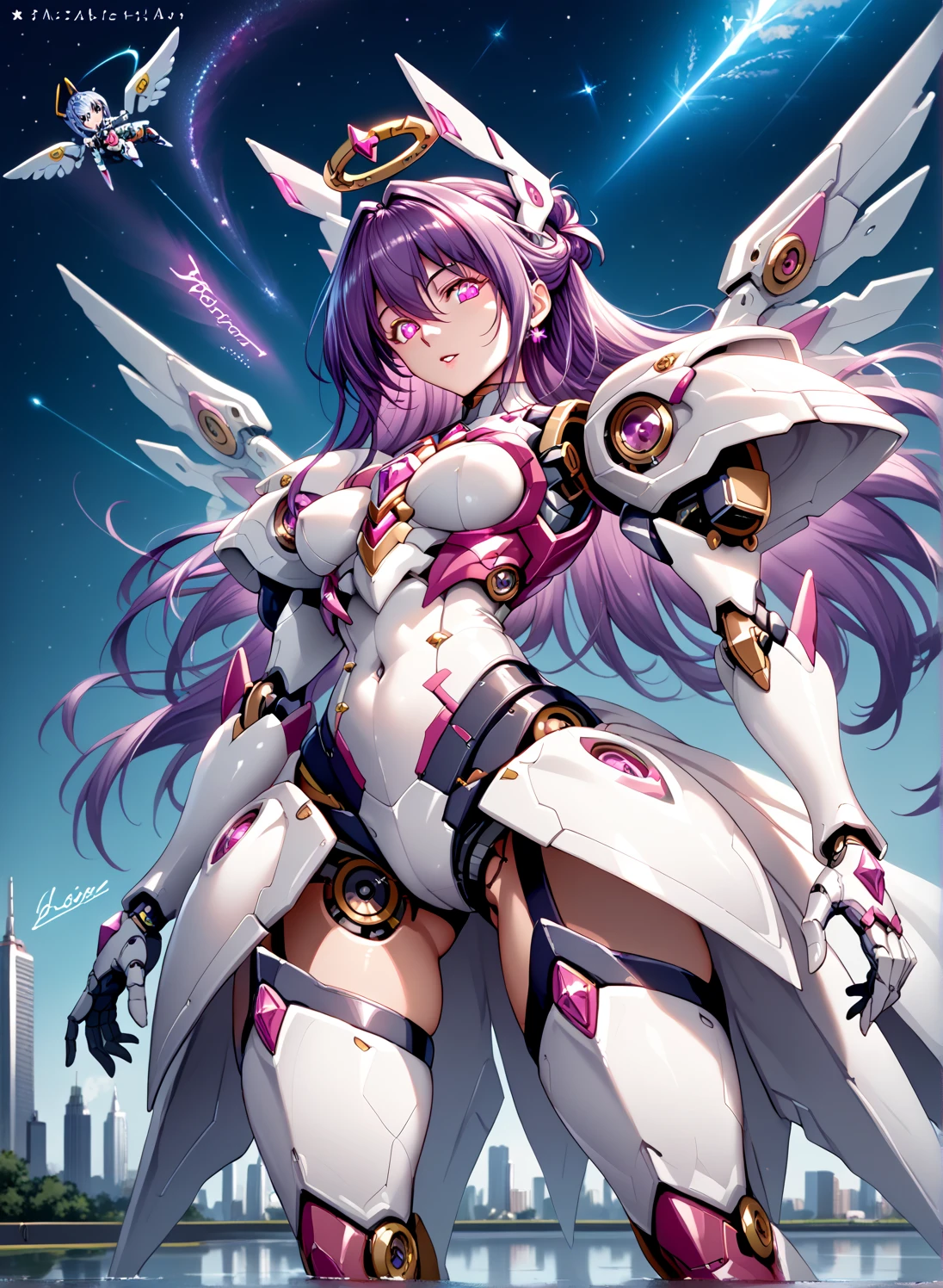 1 mature queen,  small breasts, ( pink eye:1.2),  Glowing Eyes , from below, looking at viewer, 
Purple Hair,  hair between eyes, Combined Device Headgear , (( Woman in a Mecha Angel Dress ),  exoskeleton high-leg leotard dress with large mechanical wings, Exoskeleton Armor Suit ,  Full Armor), ((The mecha has big wings)),
 Combined Device Bodysuit ,  Composite Bodysuit , starry sky ,  Skyline
Mecamesme, Machinery Parts,  Cowboy Shot ,  Full Armor, Robot joint,
masterpiece,  top quality,  ultra-detailed ,  place the image in the center , extremely detailed ,  intricate details ,  high definition ,  chibi emotional expression ,  extremely detailed  8k cg wallpaper,  Cowboy Shot ,  caustics, reflection,  Ray Tracing , Devil Theme, nebula, Dark Aura, Cyber Effects, anime style 