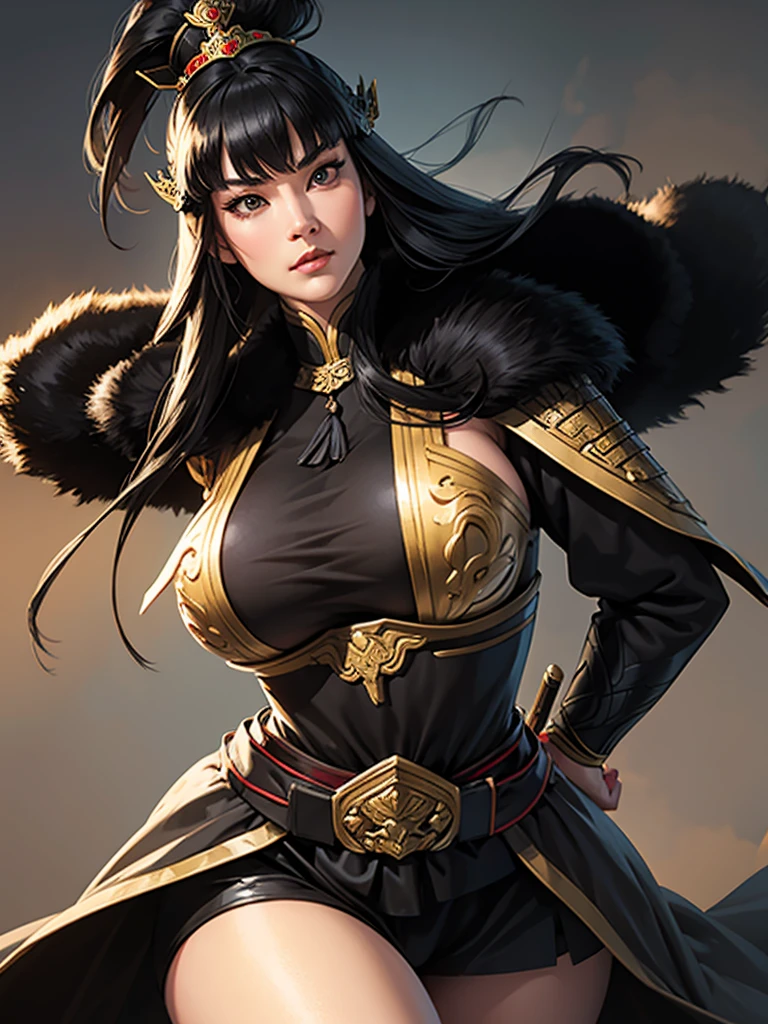  Koei Three Kingdoms Style, 1 woman,  beautiful face,  huge boobs ,  wide hips,  thick thighs , , slender waist ,  Looking in front ,  long black hair ,  black hair , Straight bangs, Cut the bangs,  dark eyed, Chinese warrior armor, Viking fur cape 