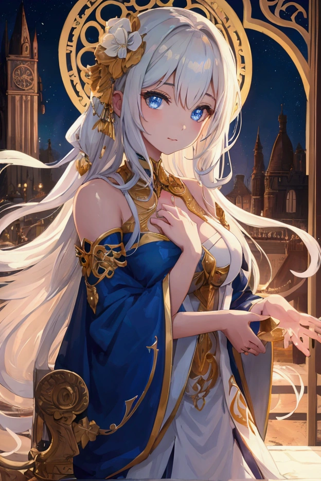 a painting of a girl in a princess costume is posing near a pillar, 1girl, solo, long hair, dress, blue eyes, jewelry, looking at viewer, breasts, white hair, tiara, smile, earrings, white dress