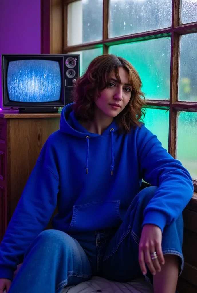 "A cozy and cinematic bedroom with a dark, rainy atmosphere, featuring A woman medium boobs with short wavy auburn hair, wearing a lush blue hoodie and fit jeans, The room is illuminated by moody neon lights in shades of deep purple and soft green, casting a mysterious and calming glow on the walls. A vintage classic TV is playing static or an old movie, adding a nostalgic touch. Through the large glass window, heavy rain is visible, with water droplets streaming down the glass, creating a serene ambiance. The room features minimalistic furniture, with a comfortable bed and a small nightstand. The scene is rich with detail, evoking a sense of solitude and introspection."
Closup