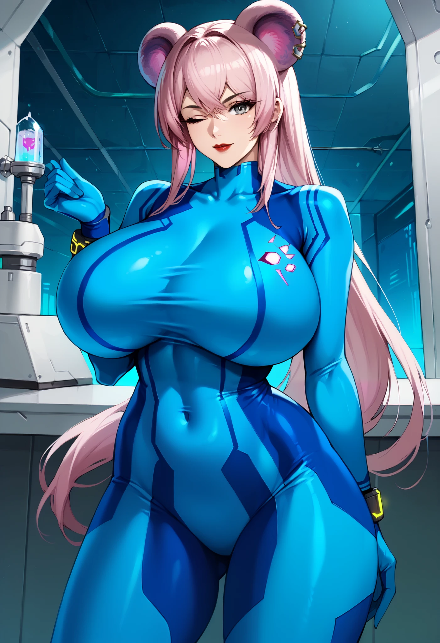 score_9, score_8_up, score_7_up, 1girl, milf, solo, monster girl, LinArk, (huge breasts:1.8), (((pink hair), very long hair, long sidelocks, grey eyes, one eye closed, bangs, mouse ears, mouse tail)), red lips, ((samusarancosplay, samus aran \(cosplay\), blue bodysuit, bodysuit, covered navel, skin tight, zero suit)), ((light smile), closed mouth), ((looking at viewer, laboratory))