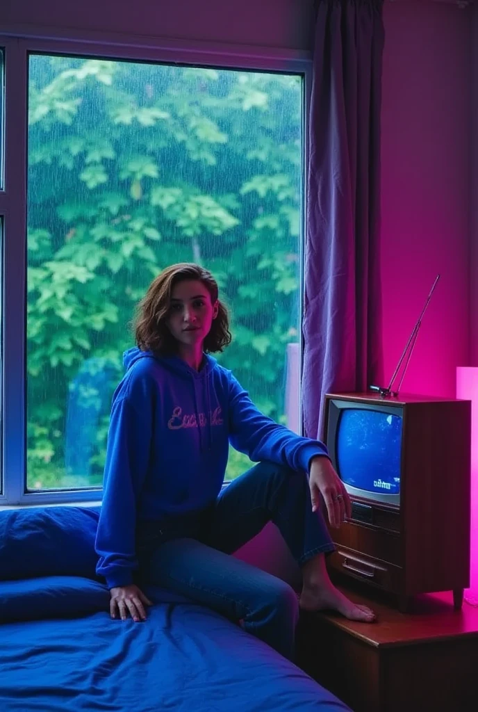 "A cozy and cinematic bedroom with a dark, rainy atmosphere, featuring A woman medium boobs with short wavy auburn hair, wearing a lush blue hoodie and fit jeans, The room is illuminated by moody neon lights in shades of deep purple and soft green, casting a mysterious and calming glow on the walls. A vintage classic TV is playing static or an old movie, adding a nostalgic touch. Through the large glass window, heavy rain is visible, with water droplets streaming down the glass, creating a serene ambiance. The room features minimalistic furniture, with a comfortable bed and a small nightstand. The scene is rich with detail, evoking a sense of solitude and introspection."
Closup