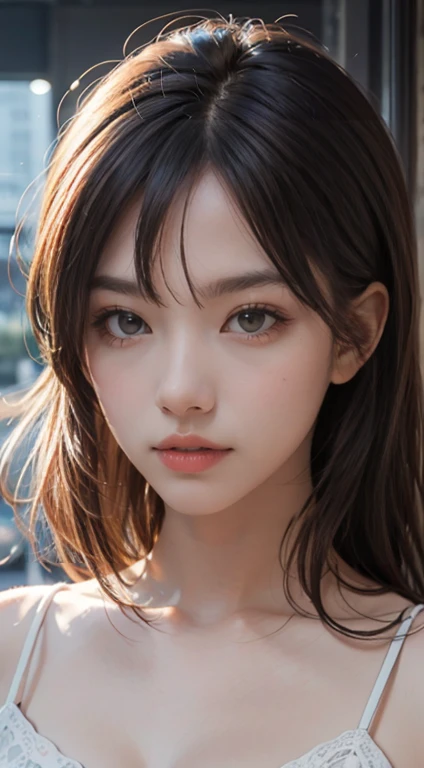 Close-up of a woman with long hair in a white blouse
