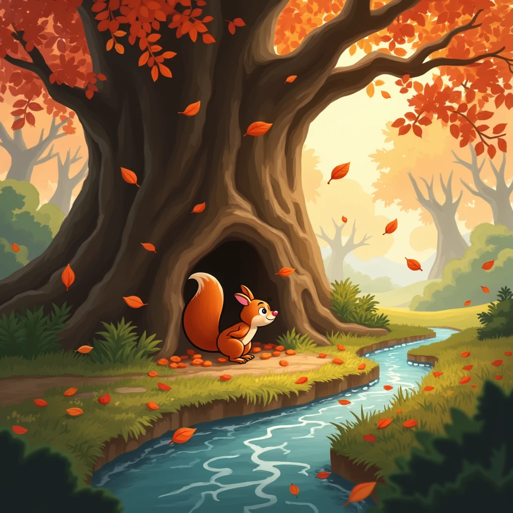 Sammy the squirrel peeking under a large oak tree while colorful leaves fall around him. A gentle brook sparkles nearby.