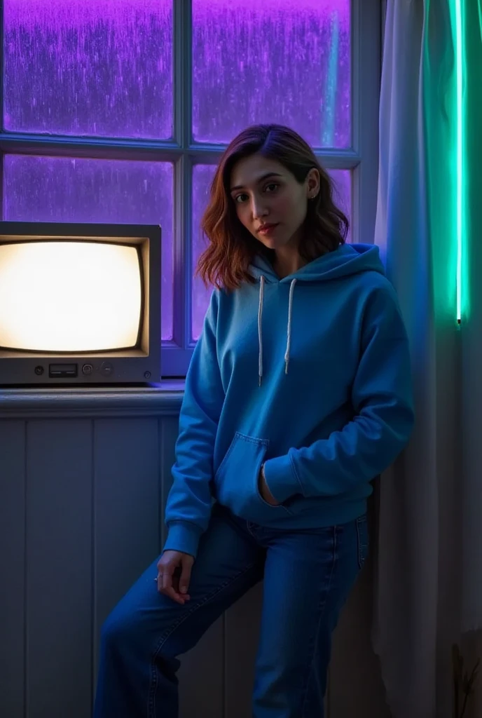 "A cozy and cinematic bedroom with a dark, rainy atmosphere, featuring A woman medium boobs with short wavy auburn hair, wearing a lush blue hoodie and fit jeans, The room is illuminated by moody neon lights in shades of deep purple and soft green, casting a mysterious and calming glow on the walls. A vintage classic TV is playing static or an old movie, adding a nostalgic touch. Through the large glass window, heavy rain is visible, with water droplets streaming down the glass, creating a serene ambiance. The room features minimalistic furniture, with a comfortable bed and a small nightstand. The scene is rich with detail, evoking a sense of solitude and introspection."
Closup