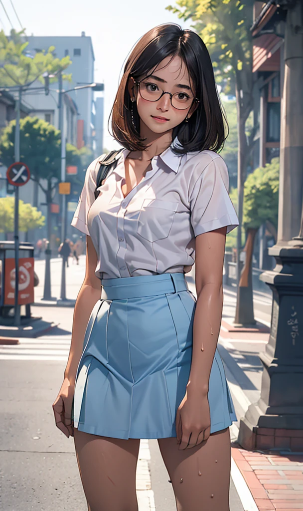 18 years old girl, (((at park))), (transparent white shirt), (wet shirt), (mini skirt), (light blue skirt), RAW photo, (photorealistic:1.37, realistic), highly detailed CG unified 8K wallpapers, 1girl, ((slender body:1)), (small breasts:1.3), looking at viewer, ((straight from front)), (HQ skin:1.2), (clean skin:1.2), 8k uhd, dslr, soft lighting, high quality, film grain, Fujifilm XT3, (full body:0.8) , tokyolagii , (bold glasses), full body in, perfect body, two legs, long legs, naval, (wide waist:1.2), (big tigh:1.3), (cleavage:0.9), sad, blushing