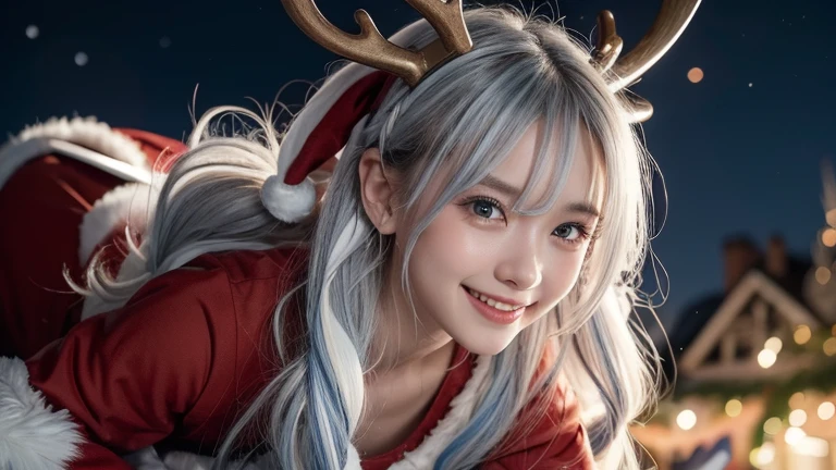 winter night, a girl dressed as Santa, pulling a Christmas sleigh, falling from the sky, upside down, bitter smile and confused expressions, reindeer with a smile on the board, a lot of gift boxes falling from the sleigh, wavy long length hair, plae blue and white hair, pompadour hairstyle, twisted bangs, beautiful white-colored translucent skin, glamorous figure, very sweaty, glossy face, about to cry, a comical scene, {realistic}, {cinematic}, {photogenic}