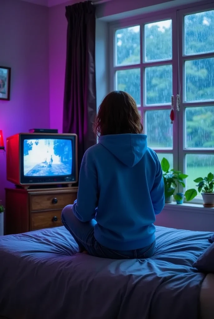 "A cozy and cinematic bedroom with a dark, rainy atmosphere, featuring A woman medium boobs with short wavy auburn hair, wearing a lush blue hoodie and fit jeans, The room is illuminated by moody neon lights in shades of deep purple and soft green, casting a mysterious and calming glow on the walls. A vintage classic TV is playing static or an old movie, adding a nostalgic touch. Through the large glass window, heavy rain is visible, with water droplets streaming down the glass, creating a serene ambiance. The room features minimalistic furniture, with a comfortable bed and a small nightstand. The scene is rich with detail, evoking a sense of solitude and introspection."
Closup