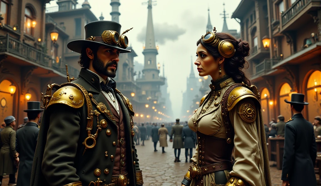 ((masterpiece)) ((photography)) ((Highest quality))  Create a bustling steampunk market scene set in London in the 1800s. In the foreground, a man and woman stand close together, engaged in an animated conversation. The man wears a Victorian-era suit with steampunk accessories, including goggles perched on his head and a pocket watch hanging from a chain. The woman is dressed in a corseted gown, with brass gears and mechanical accents adorning her outfit, and a pair of goggles around her neck. Around them, the market is alive with vendors selling mechanical gadgets, clockwork creations, and vintage goods, with steam rising from pipes and chimneys. The street is crowded with people in similar attire, and in the background, steam-powered carriages and airships float above the London skyline. The scene is filled with the warmth of discussion, steam, and the sounds of innovation.