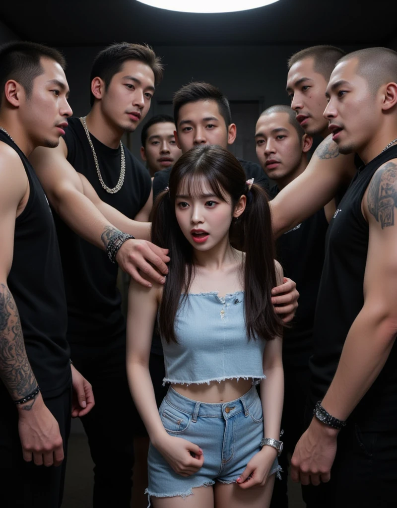 (NSFW), dynamic,
realistic, Press photo, Documentary Technique, Very clear image,HDR,
(full body visible:1.5), 

1girl, 3guy,

A Korean beauty idol is captured by a korean gang and surrounded by men who look like they're ruthless,
The girls are smaller than the guys, and didn't even reach the men's shoulders,
the girl is teen,
The girl's skin is translucently white,
the girl's hair is pur black twintails,
her name is Arin,

A man with a shaved head, a muscular man, a man wearing a thick necklace of bacteria,
a man has tattoo,
Men have horrible looks,
Men despise girls,
Men are criminals,
Men are crazy,
Men are sadists,
The men press a stun gun against the girl,
she convulses from the strong electric shock,

Rough men,
the men are treating the girl roughly,
The girl's costume is a light blue mini dress,
The girl's dress is sleeveless,
the girl's dress is torn litle,
the girl is terribly frightened,
The girl's eyes are wide with fear,
The girl is frightened, cowering,
the girl trembling looking up at the men,
The girl is treated like a slave,
The girl was subjected to violence,
the men assaulted her,
The girl was hurt by the men,
Girls are men's toys,
Men gang-rape girls,
The girl was so scared that she peed herself,

gang office,