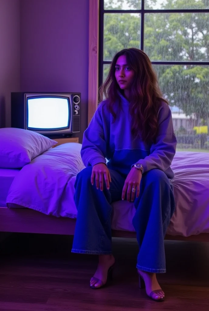 "A cozy and cinematic bedroom with a dark, rainy atmosphere, featuring A woman medium boobs with short wavy auburn hair, wearing a lush blue hoodie and fit jeans, The room is illuminated by moody neon lights in shades of deep purple and soft green, casting a mysterious and calming glow on the walls. A vintage classic TV is playing static or an old movie, adding a nostalgic touch. Through the large glass window, heavy rain is visible, with water droplets streaming down the glass, creating a serene ambiance. The room features minimalistic furniture, with a comfortable bed and a small nightstand. The scene is rich with detail, evoking a sense of solitude and introspection."
Closup