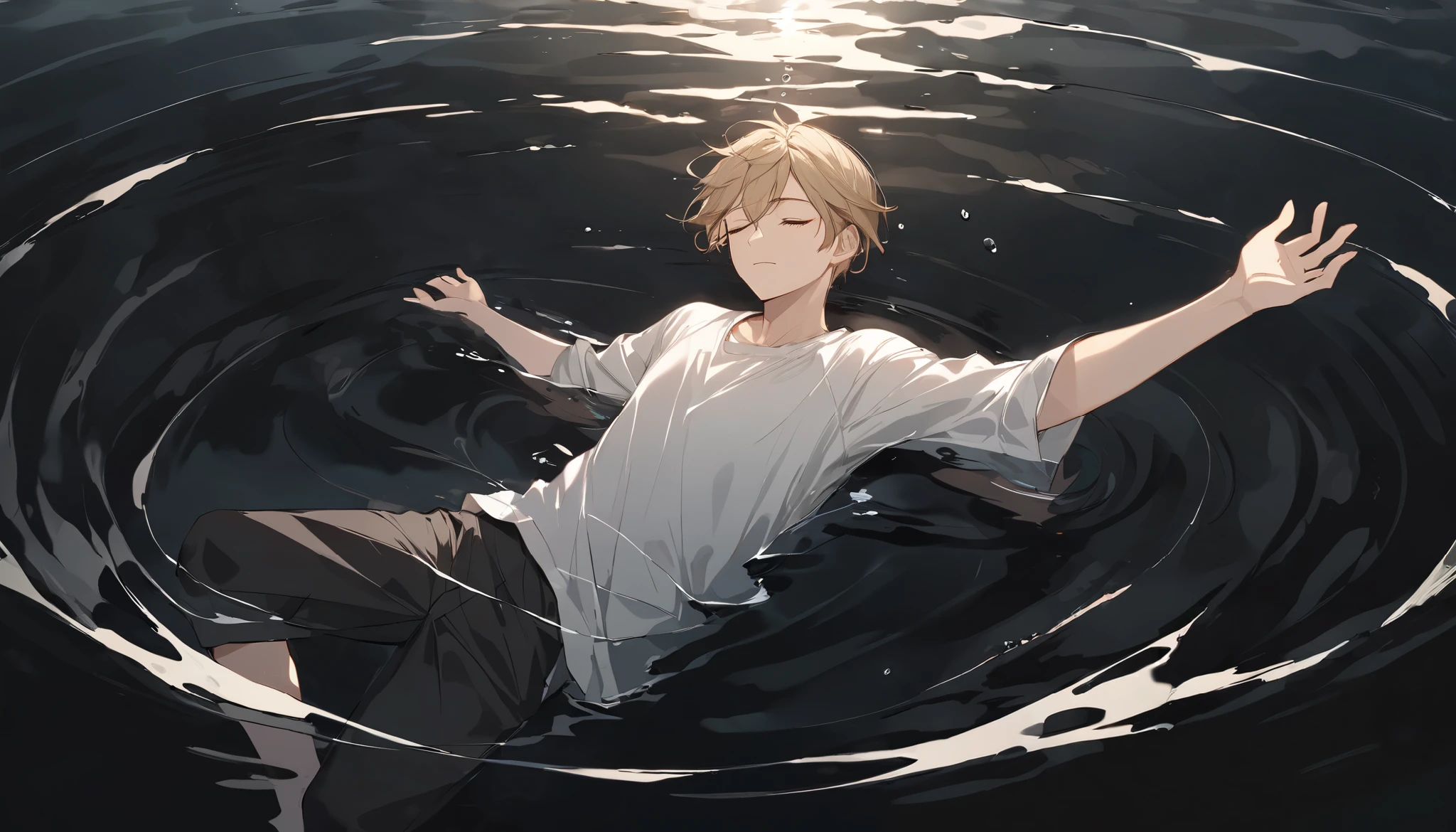 Man in black water 。 sinks into black water。 drowning。 eyes closed 。 full body facing the front。 Light Brown Hair。 wearing a white shirt 。Overlooking。