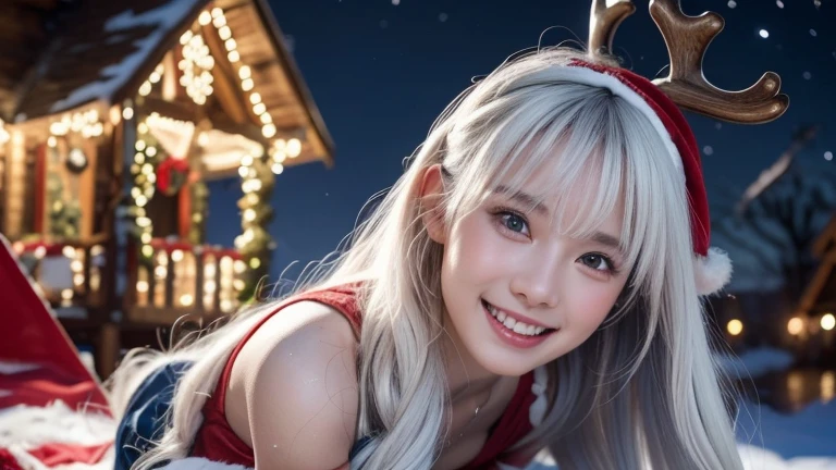 winter night, a girl dressed as Santa, pulling a Christmas sleigh, falling from the sky, upside down, bitter smile and confused expressions, reindeer with a smile on the board, a lot of gift boxes falling from the sleigh, wavy long length hair, plae blue and white hair, pompadour hairstyle, twisted bangs, beautiful white-colored translucent skin, glamorous figure, very sweaty, glossy face, about to cry, a comical scene, {realistic}, {cinematic}, {photogenic}