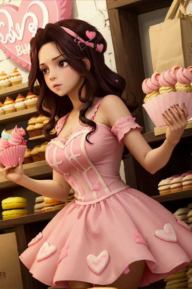  score 9, 1girl, solo, bakery, shop bakery, shop assistant, sweets, cupcakes, macaroons, sweet treats, pink sweet treat inspired pink dress, short-sleeved, skirt dress, hearts, hearts around 