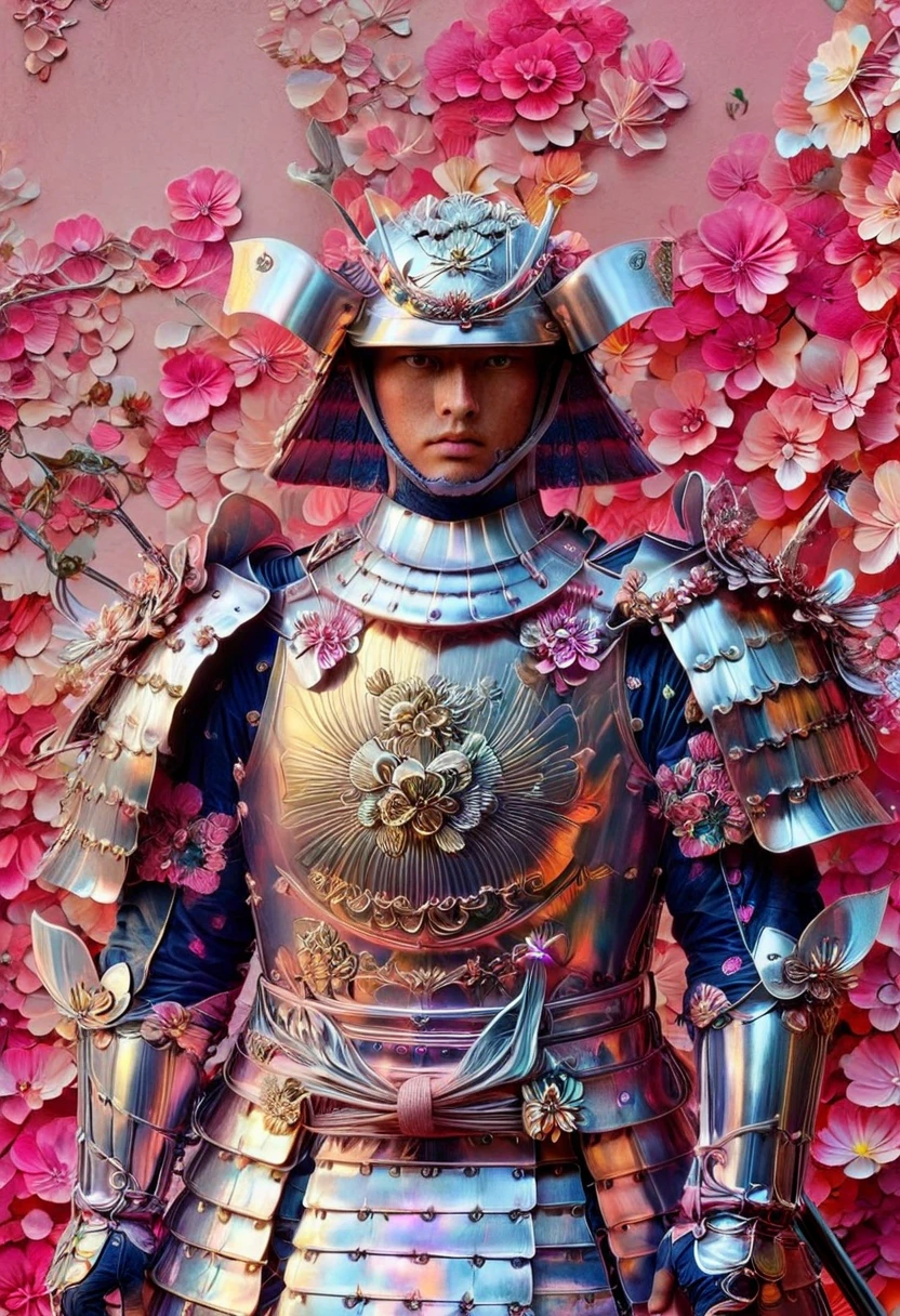 all pink color, one white man,standing, whole body head to feet, looking at viewer, stands upright, hands down, wearing Samurai Armor and helmet,Armor is made of flower,Armor color all pink,no metal,shiny armor, pink flower garden background,8K,realism