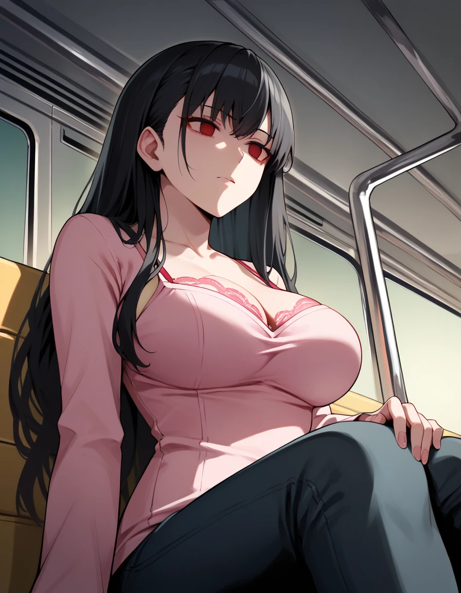 Masterpiece,source_anime,A Solo matured woman,looking straight forward,black hair,straight long hair,large breast,pink lace lingeriespink bra,sitting on seat,hands on thigh,dazed,BREAK,red eyes,empty eyes,half closed eyes,expression less,in train,night outside,cowboy shot,from below