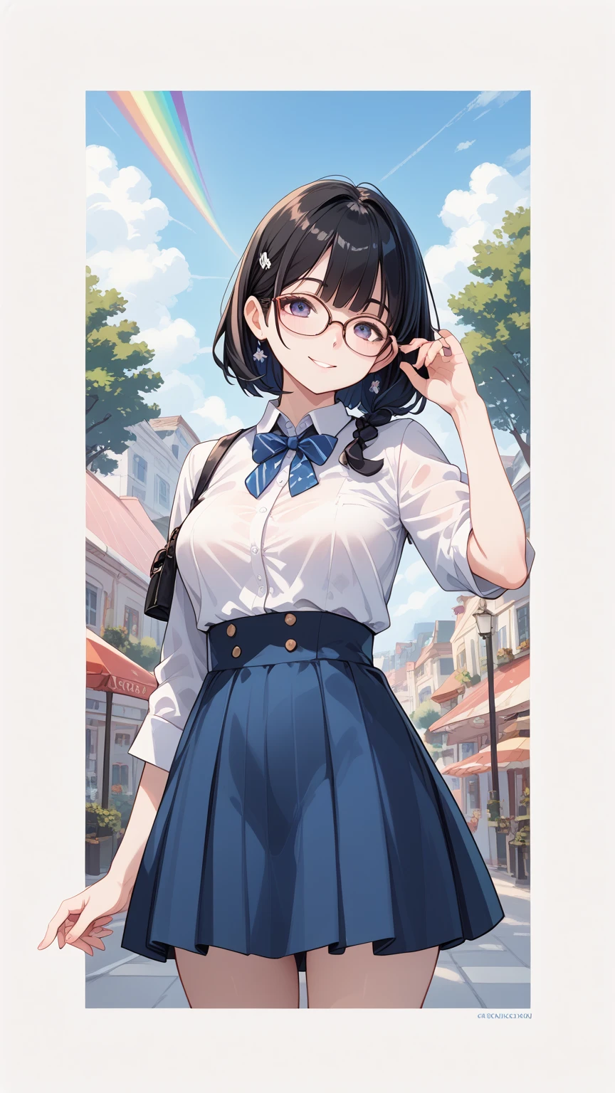 Black hair, glasses, looking at the rainbow sky