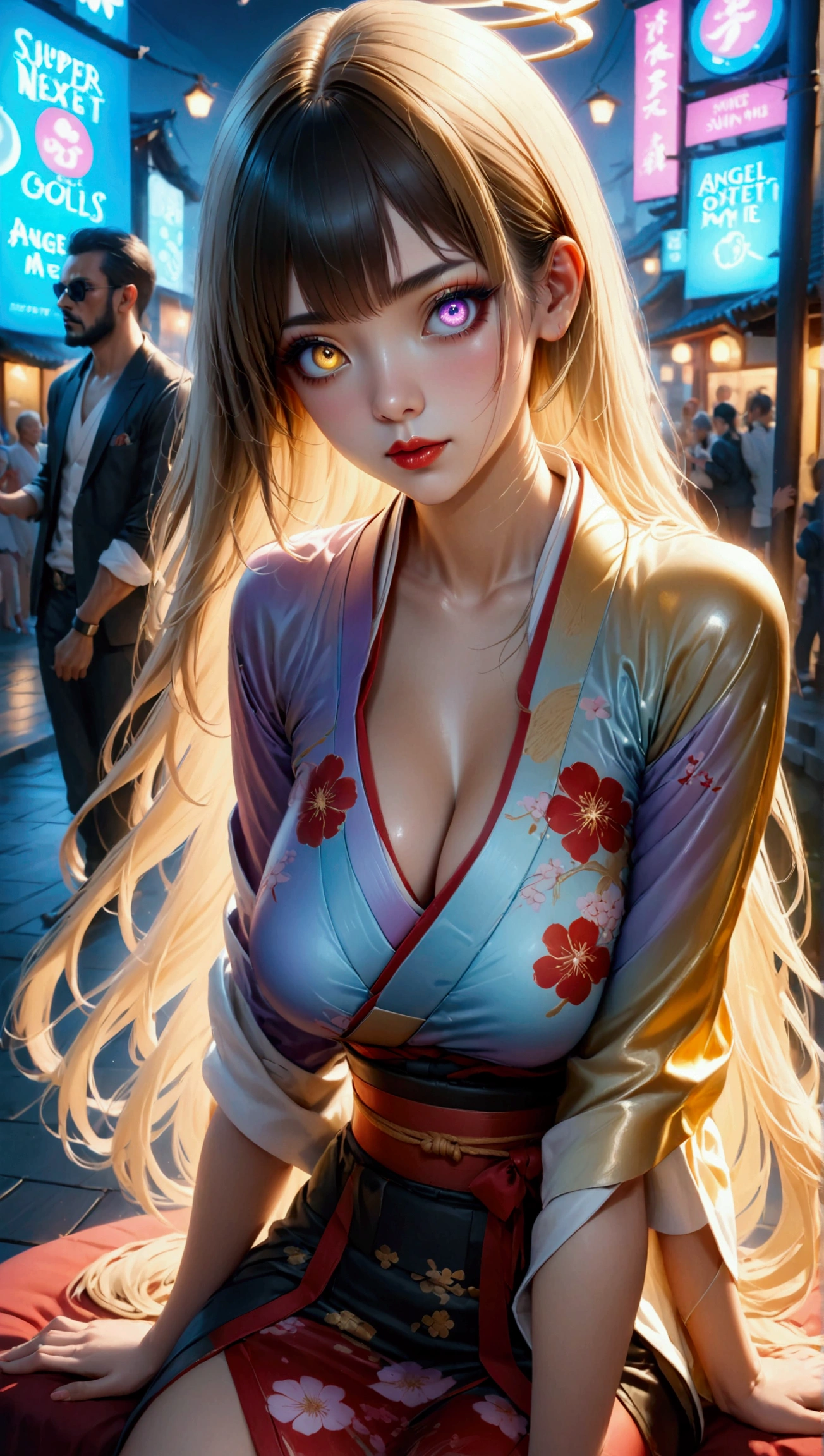 setsuka,blonde hair,lips,blue eyes,collarbone,ponytail,
hair flower,floral print kimono,purple strapless bra,cleavage, serious, 
standing,
japanese village,spring, night, 
(insanely detailed, beautiful detailed face, masterpiece, beautiful detailed eyes, best quality),<lora:setsuka-10SC4v7:0.8>,