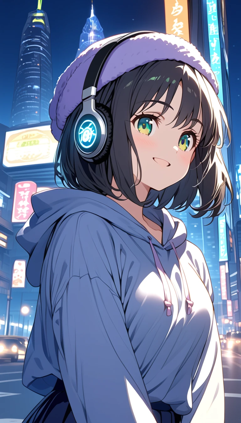 {{{masterpiece}}}, {{{ top quality}}}, {{ Ultra Detailed }}, { beautiful,  detail eyes},  1 girl , Alone, (( black hair)),  bob cut, (( green eyes)), (Hairy hair ), (pattsun maegami), Black headphones, , (かわいい黒の柄物 hoodie), cute black patterned hat,( cute black long skirt ) is a smiling face ,tooth,pattsun maegami,Midea, hoodie, jade colored eyes,Night City,
