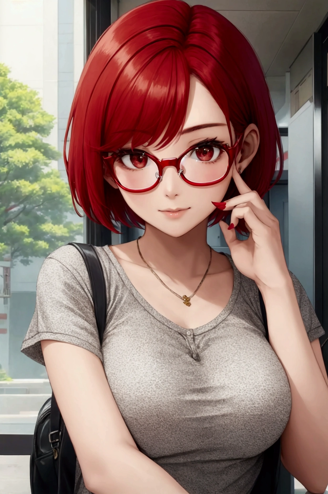 high definition symmetrical image, (goddess of breasts, a woman born from flowers, (round face), eyes realistic sizing, drooping eyes, smiling, small breasts, (unzipped hoody), nipples, ((closeup breasts, showing tongue)), red hair, braid, (ringlets hair, stylish glasses)), ((art nouveau)), ecstasy face, open mouth, (alphonse−mucha), earrings, ((on the street, trees, medieval European buildings)), aerial angle, sneakers,