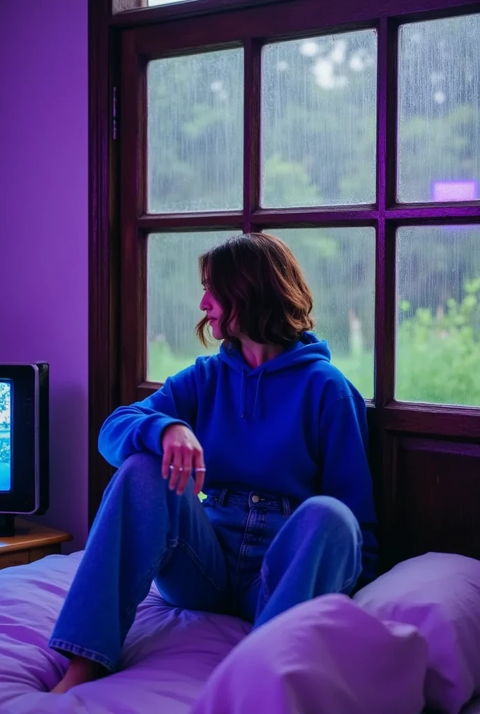 "A cozy and cinematic bedroom with a dark, rainy atmosphere, featuring A woman medium boobs with short wavy auburn hair, wearing a lush blue hoodie and fit jeans, The room is illuminated by moody neon lights in shades of deep purple and soft green, casting a mysterious and calming glow on the walls. A vintage classic TV is playing static or an old movie, adding a nostalgic touch. Through the large glass window, heavy rain is visible, with water droplets streaming down the glass, creating a serene ambiance. The room features minimalistic furniture, with a comfortable bed and a small nightstand. The scene is rich with detail, evoking a sense of solitude and introspection."
Closup