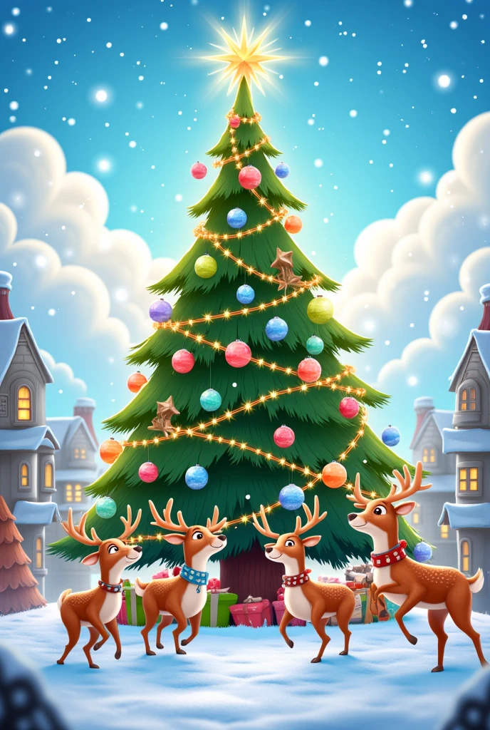  Beautiful Christmas Tree ,  ren Dance around the Christmas Tree,  snow ,  Christmas Mood , beautiful colors,  better quality ,  Maximum Details , bright day,  Lots of Details ,  in detail, perfect, 8 k, Clouds , Cartoon style , Pixar, 