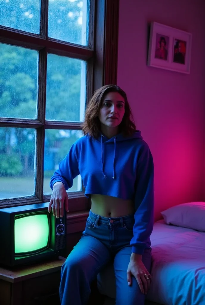 "A cozy and cinematic bedroom with a dark, rainy atmosphere, featuring A woman medium boobs with short wavy auburn hair, wearing a lush blue hoodie and fit jeans, The room is illuminated by moody neon lights in shades of deep purple and soft green, casting a mysterious and calming glow on the walls. A vintage classic TV is playing static or an old movie, adding a nostalgic touch. Through the large glass window, heavy rain is visible, with water droplets streaming down the glass, creating a serene ambiance. The room features minimalistic furniture, with a comfortable bed and a small nightstand. The scene is rich with detail, evoking a sense of solitude and introspection."
Closup