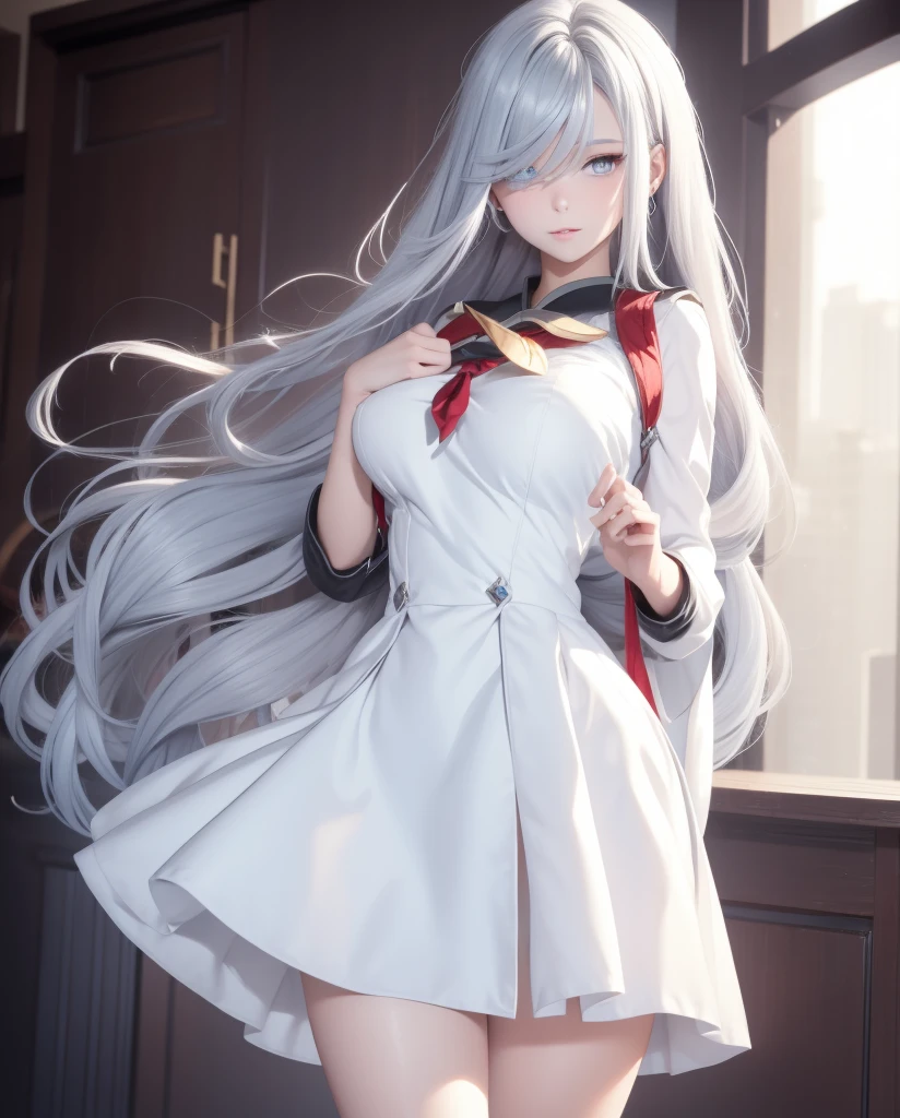     a beautiful girl,   blue eyes  ,     glowing eyes ,   closed lips    ,   long hair  ,    high resolution , breast ,   silver hair  ,  high resolution , Pechos, outfit school dress