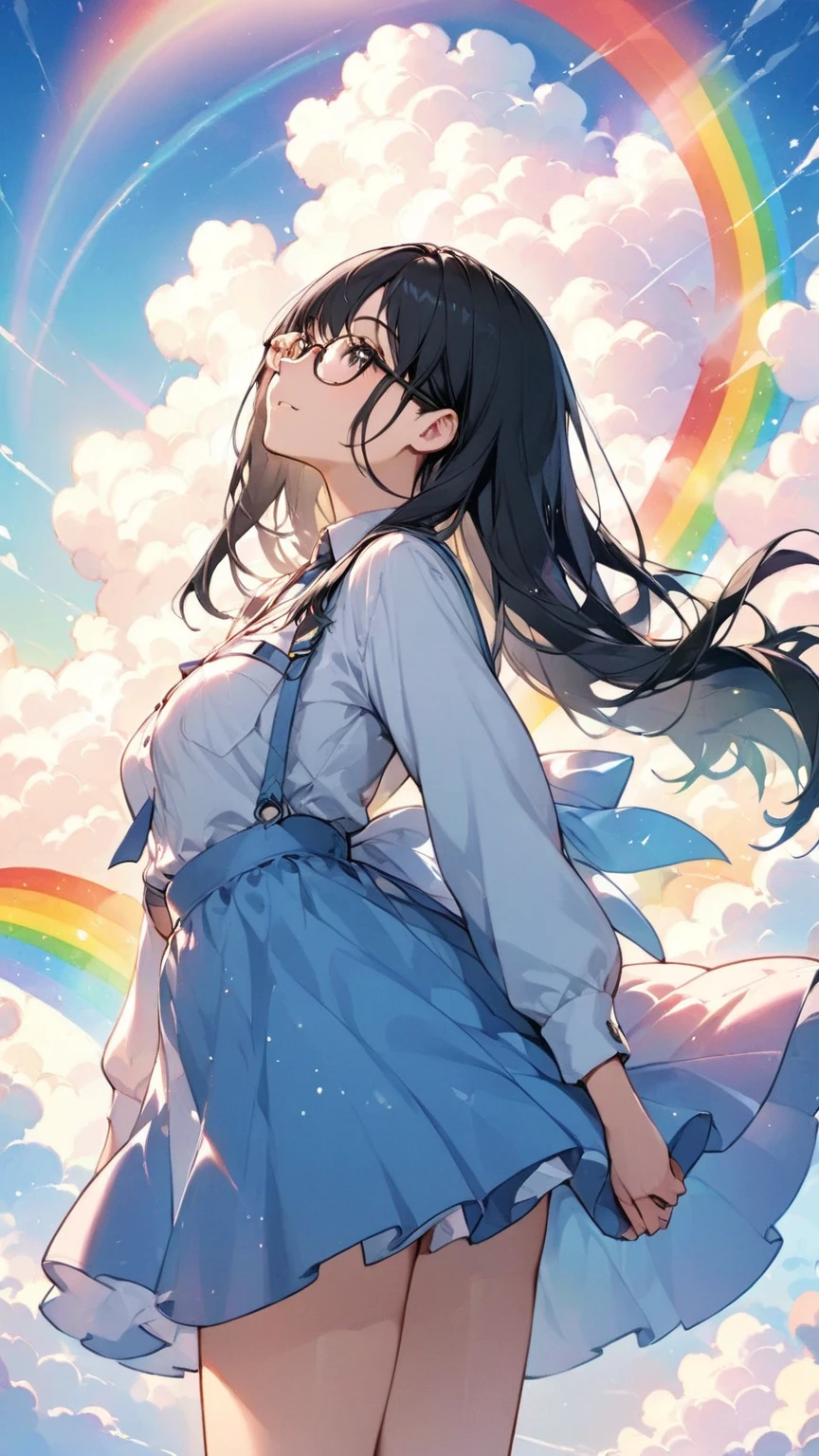 Black hair, glasses, looking at the rainbow sky