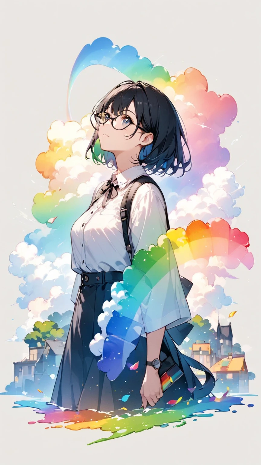 Black hair, glasses, looking at the rainbow sky