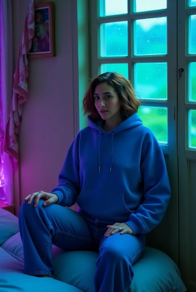 "A cozy and cinematic bedroom with a dark, rainy atmosphere, featuring A woman medium boobs with short wavy auburn hair, wearing a lush blue hoodie and fit jeans, The room is illuminated by moody neon lights in shades of deep purple and soft green, casting a mysterious and calming glow on the walls. A vintage classic TV is playing static or an old movie, adding a nostalgic touch. Through the large glass window, heavy rain is visible, with water droplets streaming down the glass, creating a serene ambiance. The room features minimalistic furniture, with a comfortable bed and a small nightstand. The scene is rich with detail, evoking a sense of solitude and introspection."
Closup