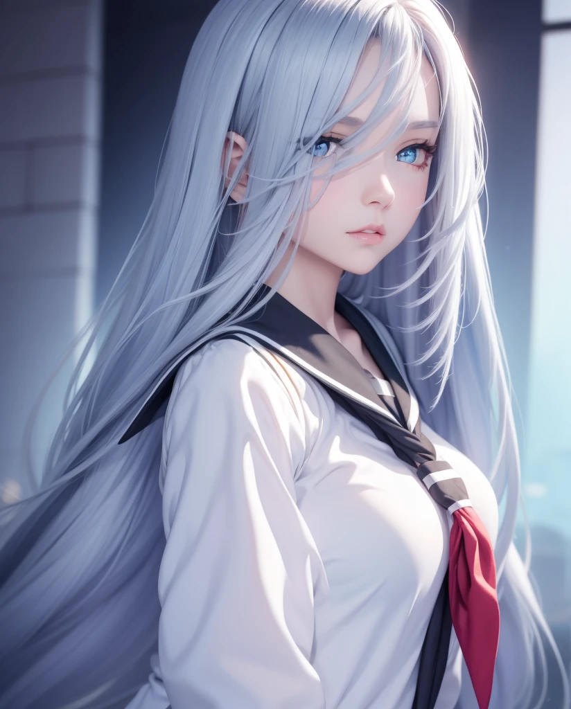     a beautiful girl,   blue eyes  ,     glowing eyes ,   closed lips    ,   long hair  ,    high resolution , breast ,   silver hair  ,  high resolution , Pechos, outfit school dress