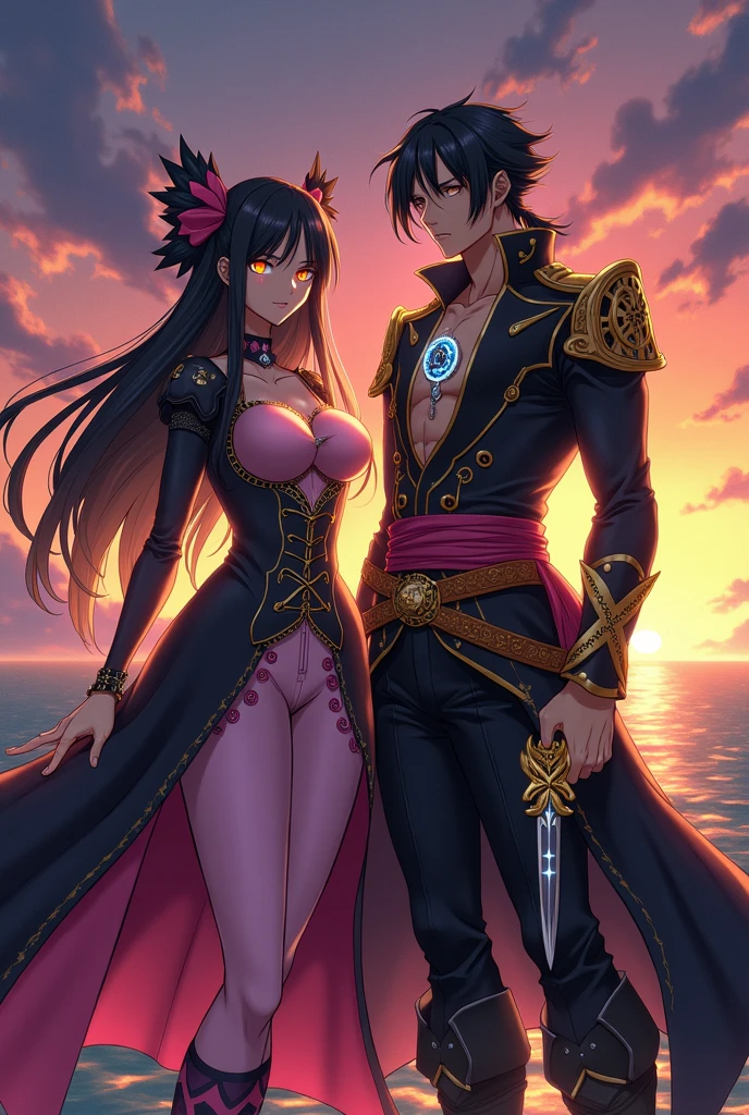 An anime-style depiction of a powerful brother and sister duo with unique abilities. The sister has long, flowing black hair and wears a black and pink pirate-style outfit with gold accents, paired with a large elegant bow on her back instead of a hat. Her glowing eyes and a swirling aura of golden and dark energy represent her omnipotent powers. She stands confidently with one hand extended, radiating authority and strength. The brother, taller and muscular, has long, tied-back black hair and wears a rugged pirate outfit in black and silver with intricate clockwork patterns on the fabric. His sharp gaze reflects his mastery over time, represented by glowing clock-like symbols and a shimmering blue hourglass pendant around his neck. He wields a sword with time-energy trails, hinting at his ability to manipulate time itself.The duo stands side by side on the deck of a pirate ship, overlooking an open sea under a dramatic sky where the sunset transitions into twilight, symbolizing the balance between their powers. Their expressions are calm yet fierce, emphasizing their bond as siblings and their shared sense of adventure. Both are members of the strawhat crew
