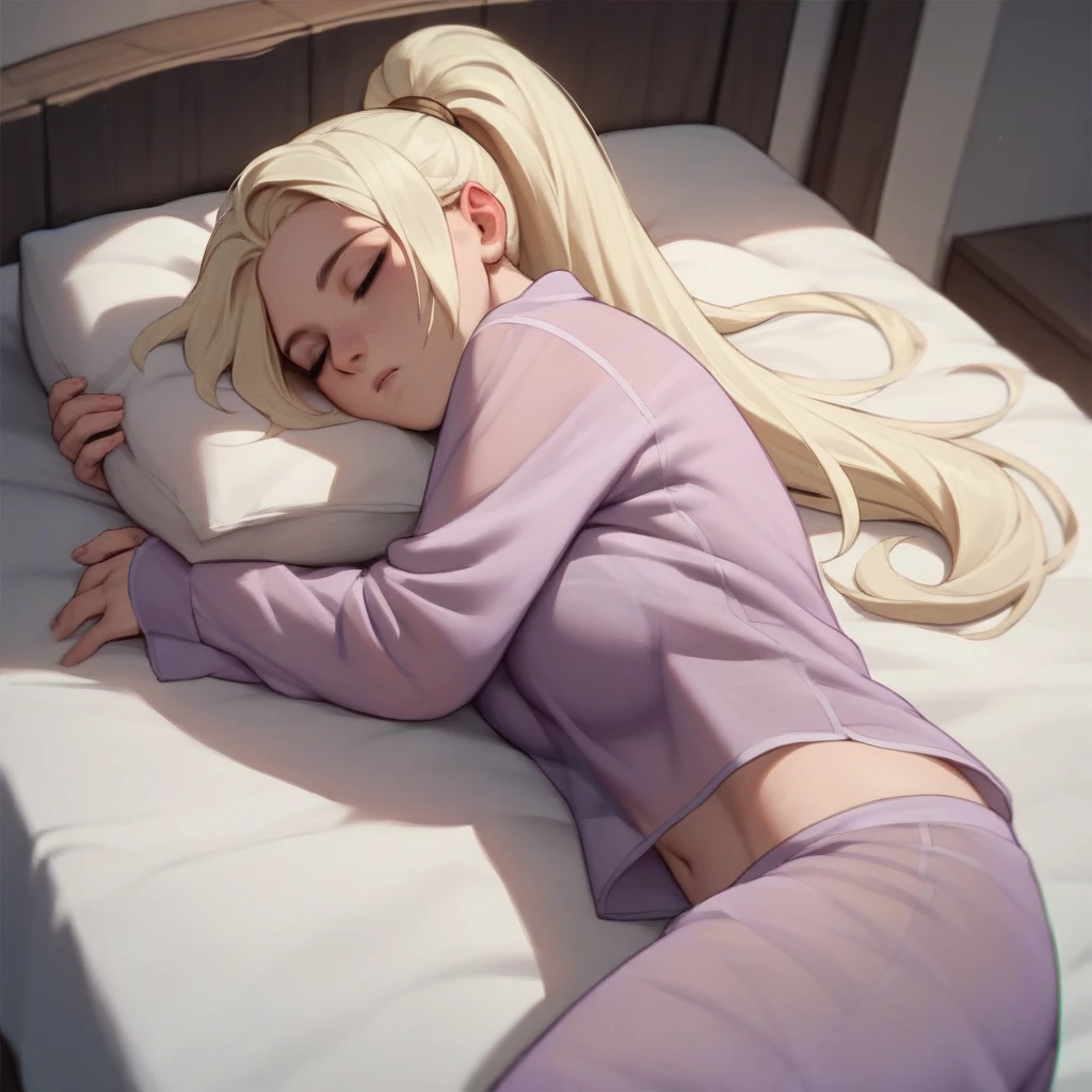 A long blonde ponytail hairstyle girl with light green eyes, tall, slender, curvaceous body wearing a purple see-through pajamas on bedroom as she lay down on the bed, sleeping.