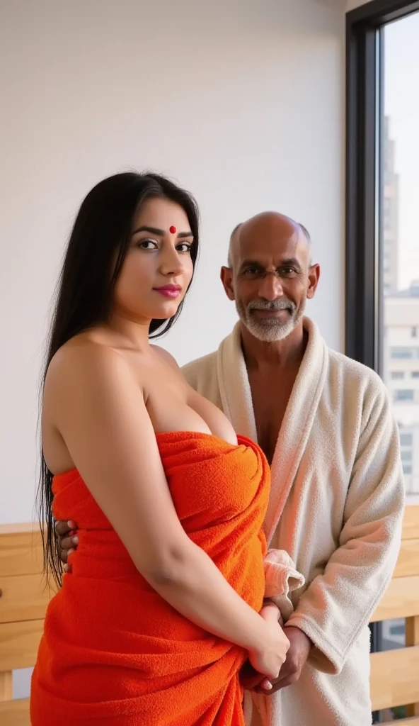 a cruel rough nude old Indian man grabbing the thighs, spreading her legs of a semi nude beautiful cute fair hot Indian bride, , hyperrealistic, both sitting on a bed, man has his hands on the woman's breasts, 36d, 8k,