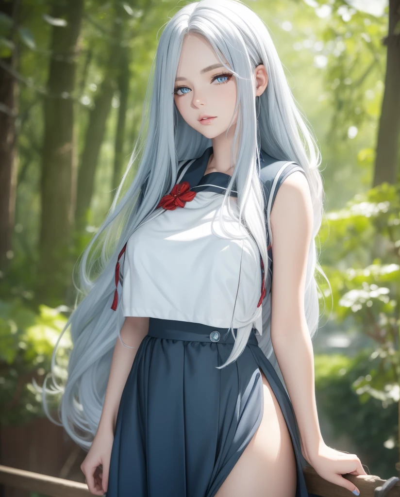     a beautiful girl,   blue eyes  ,     glowing eyes ,   closed lips    ,   long hair  ,    high resolution , breast ,   silver hair  ,  high resolution , Pechos, outfit school dress, mirando la cámara 